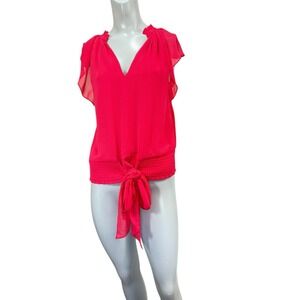 S Ramy‎ Brook New York Red Meredith Blouse Short Flutter Sleeve V Neck Waist Tie